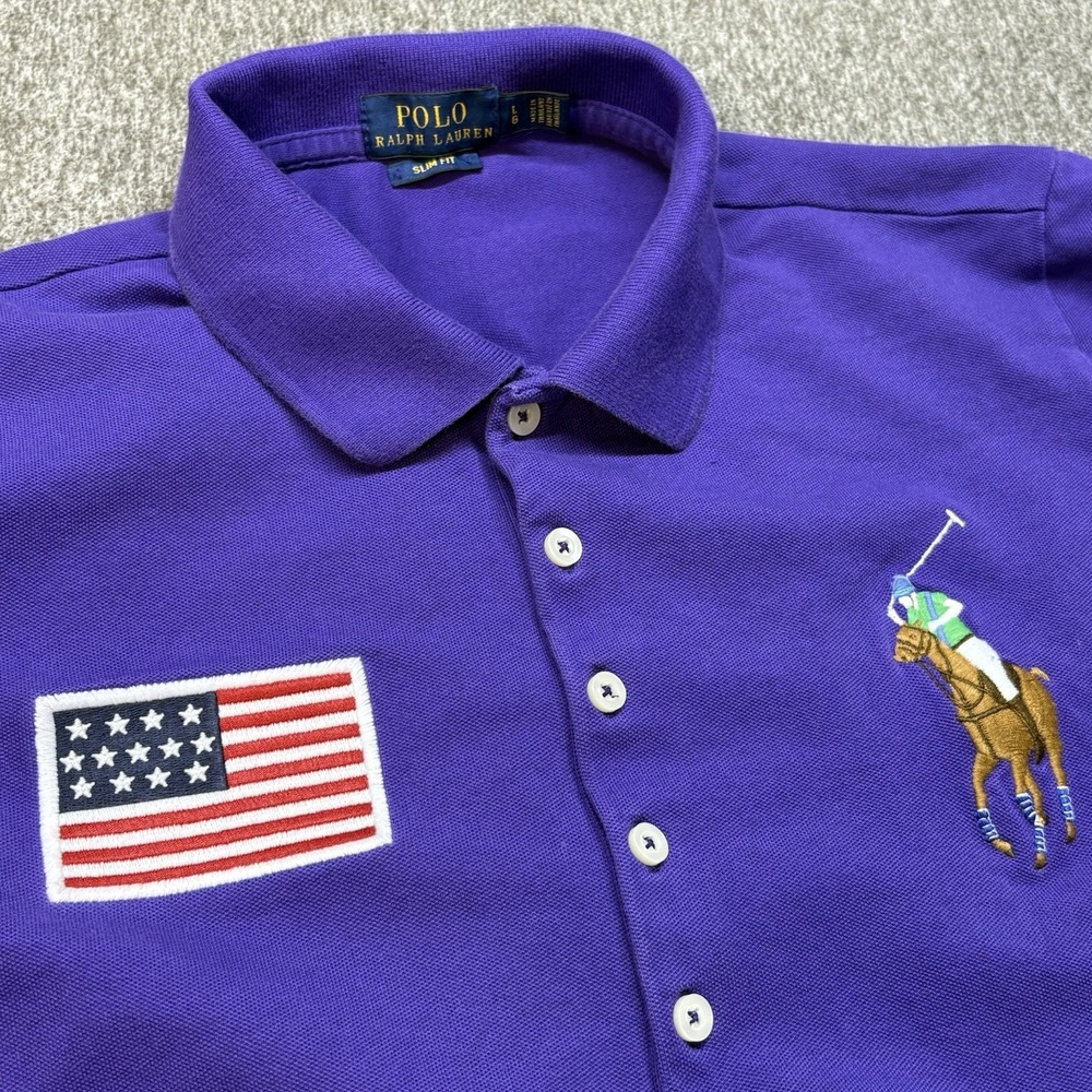 Polo Ralph Lauren Polo Shirt Women's L Slim Fit Big Pony US Flag Purple